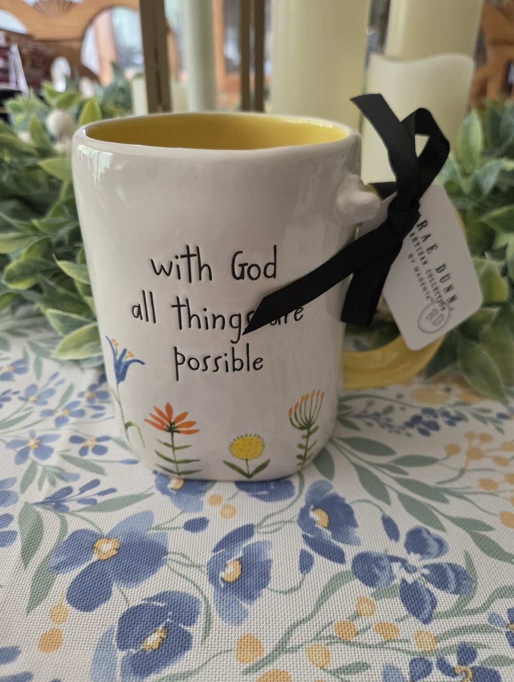 Rae Dunn White Mug with Yellow Interior and Floral Accents - Faith Quote